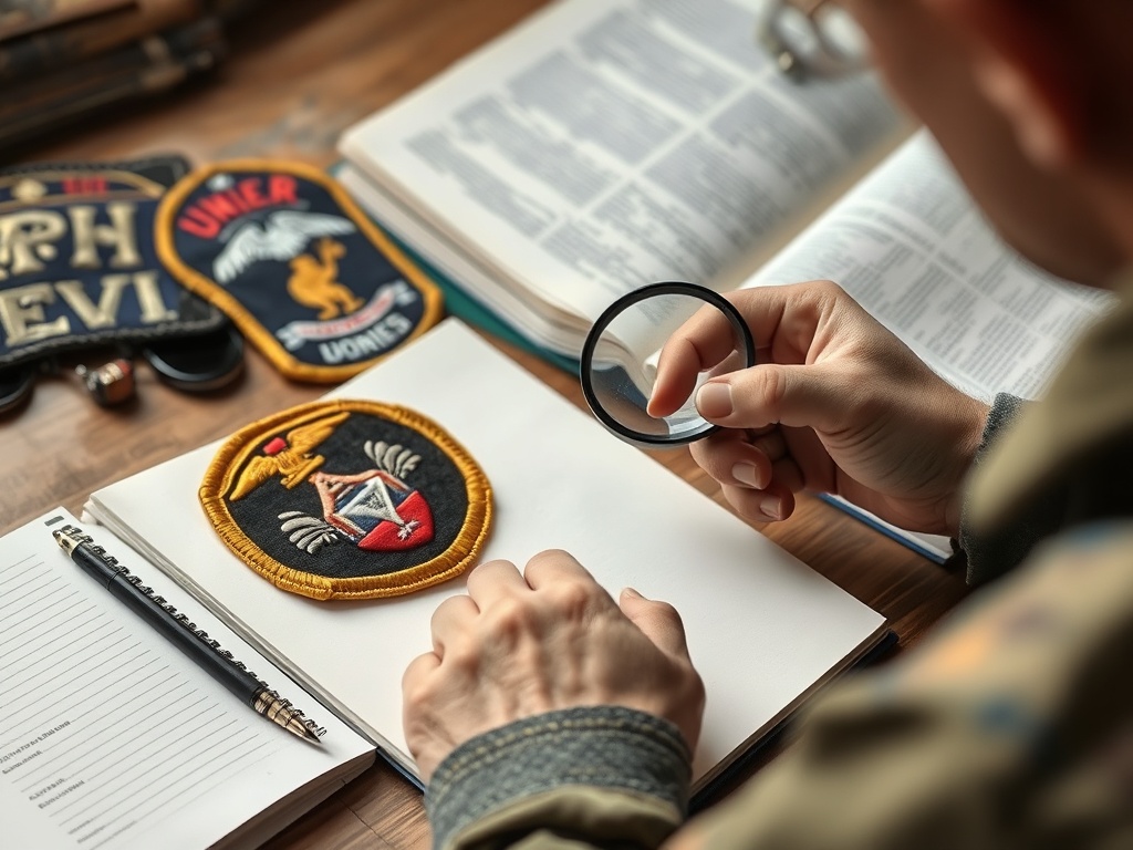 collector examining military patch under magnifying glass with notebook and reference books