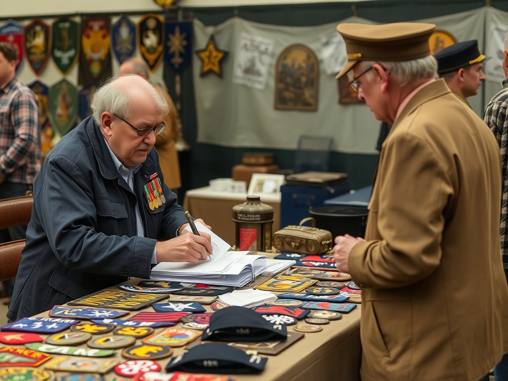collector negotiating price at antique market table with military patches displayed