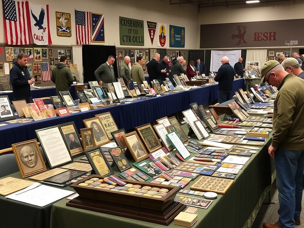 military collectibles show with tables full of patches, medals, and historical artifacts