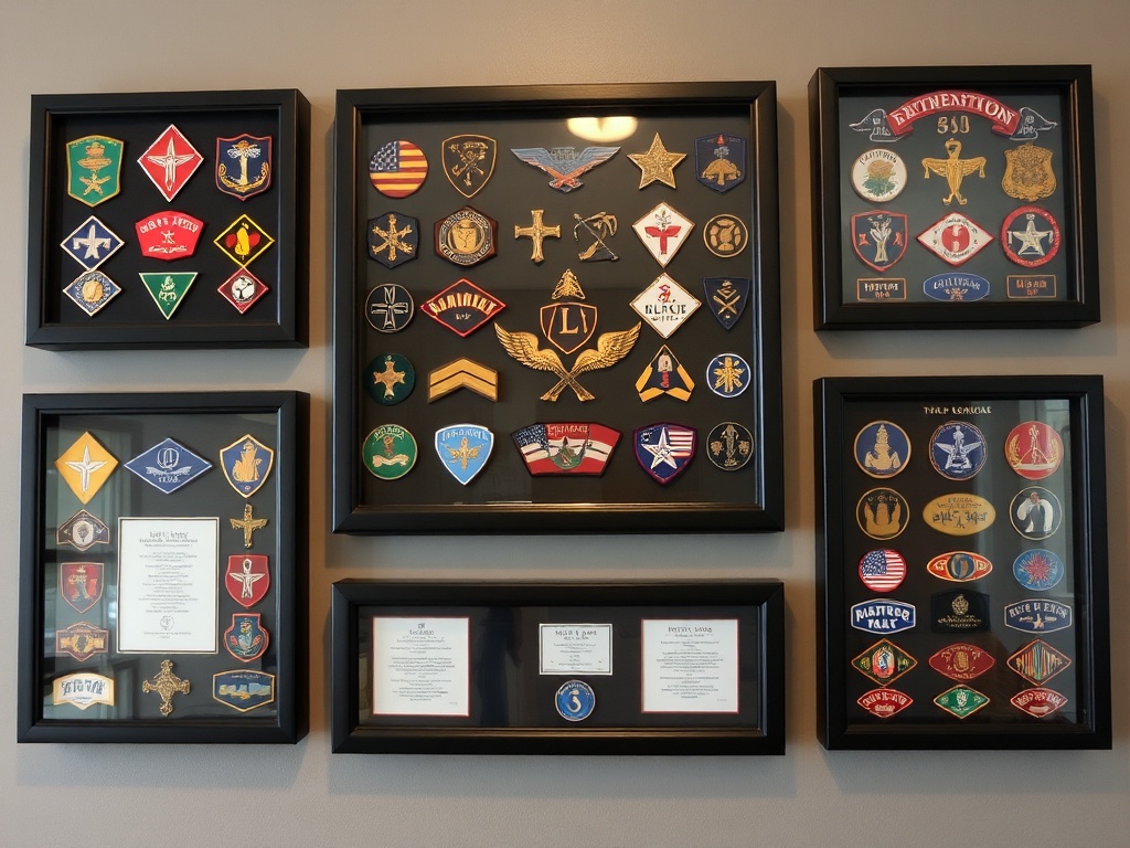organized military patch collection displayed in shadow box frames on wall