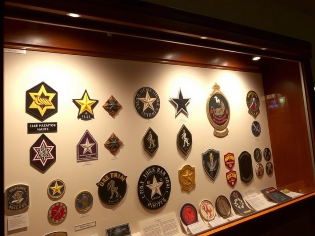 well-lit display case of military patches with protective glass and organized layout