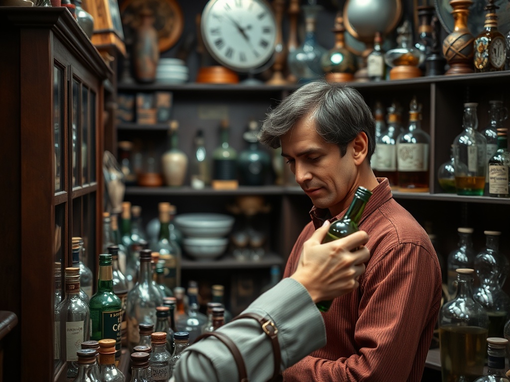A person examining a bottle at an antique store