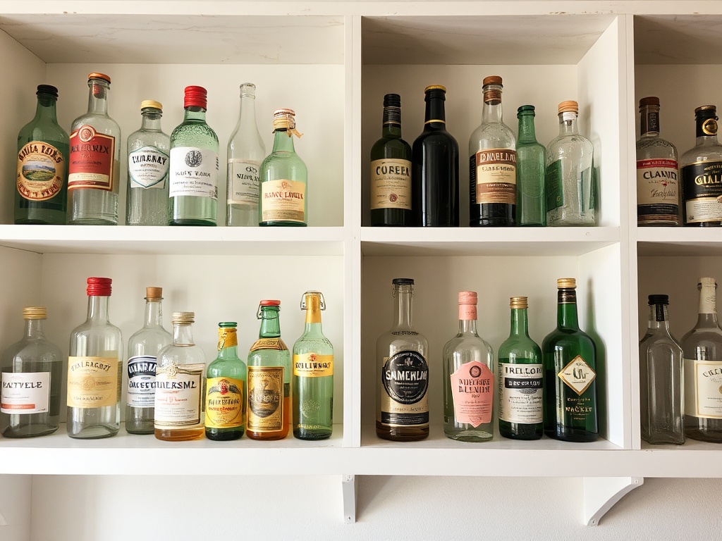 A well-organized display shelf with vintage bottles