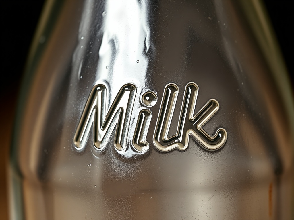 A close-up view of a glass milk bottle with visible embossing, showcasing its vintage condition