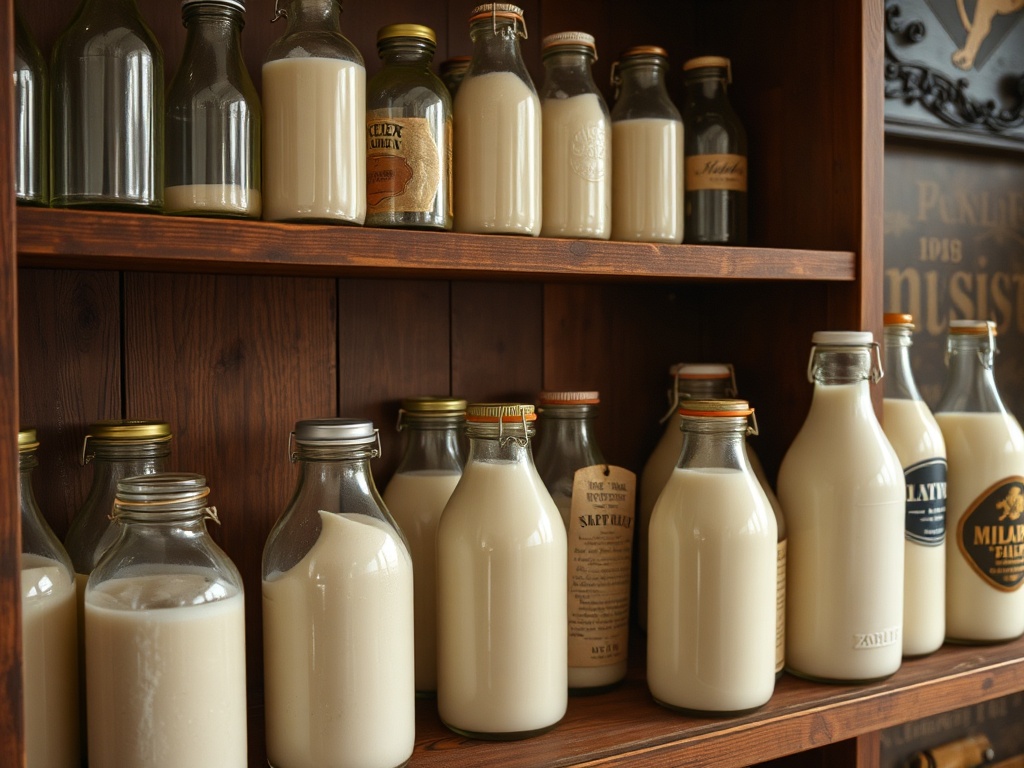 A collection of milk bottles displayed on a vintage wooden shelf, some with classic metal caps, others with printed labels, set in a cozy room with soft lighting