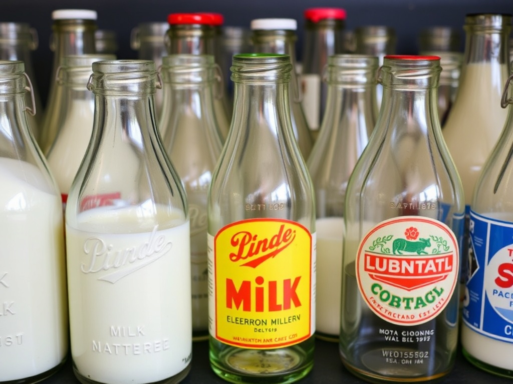 A collection of vintage milk bottles with various designs, including embossed logos and colorful printed labels