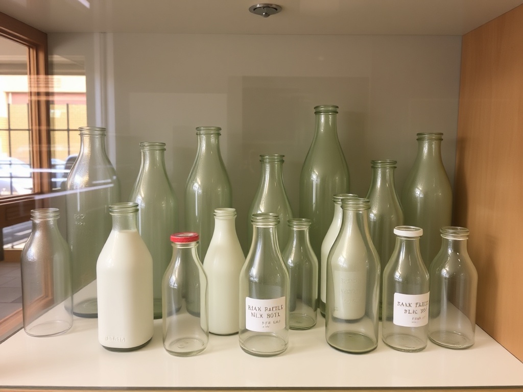 A well-lit display of antique milk bottles in a protective display case, arranged with care