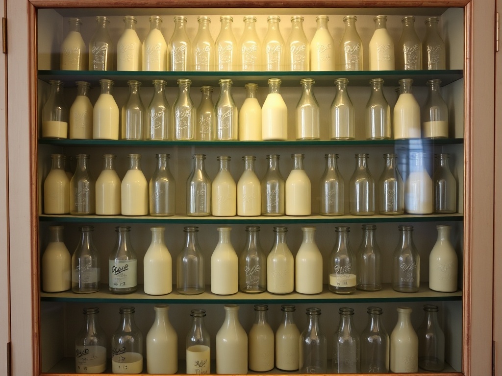 A well-organized milk bottle collection displayed in a vintage glass-front cabinet, with neat rows and proper lighting