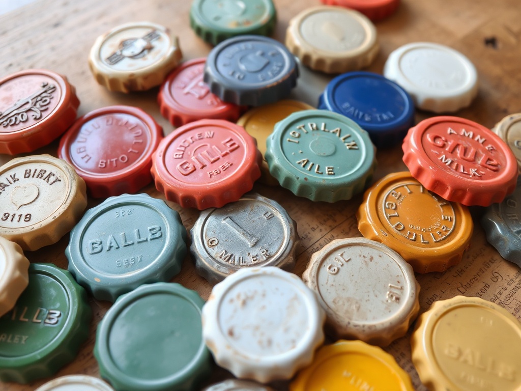 a tabletop spread of vintage milk bottle caps, different colors, worn textures, collector aesthetic, natural lighting