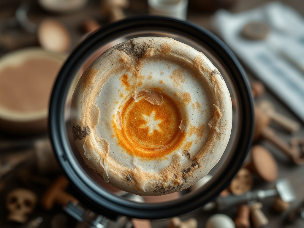 close-up of suspicious milk cap with uneven aging, magnifying glass inspection, collector workspace