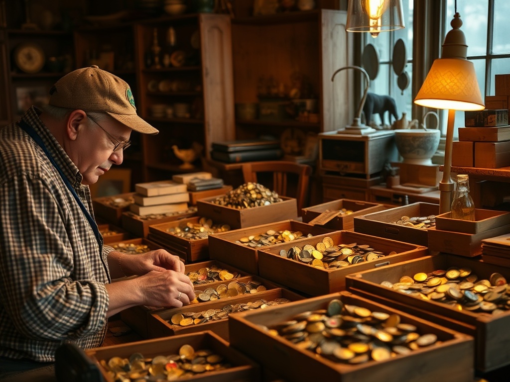 collector at estate sale sorting through vintage bottle caps in wooden boxes, warm lighting
