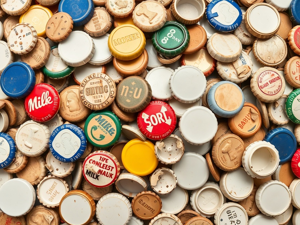 mixed pile of milk caps including obvious reproductions and worn pieces, comparison layout, collector desk