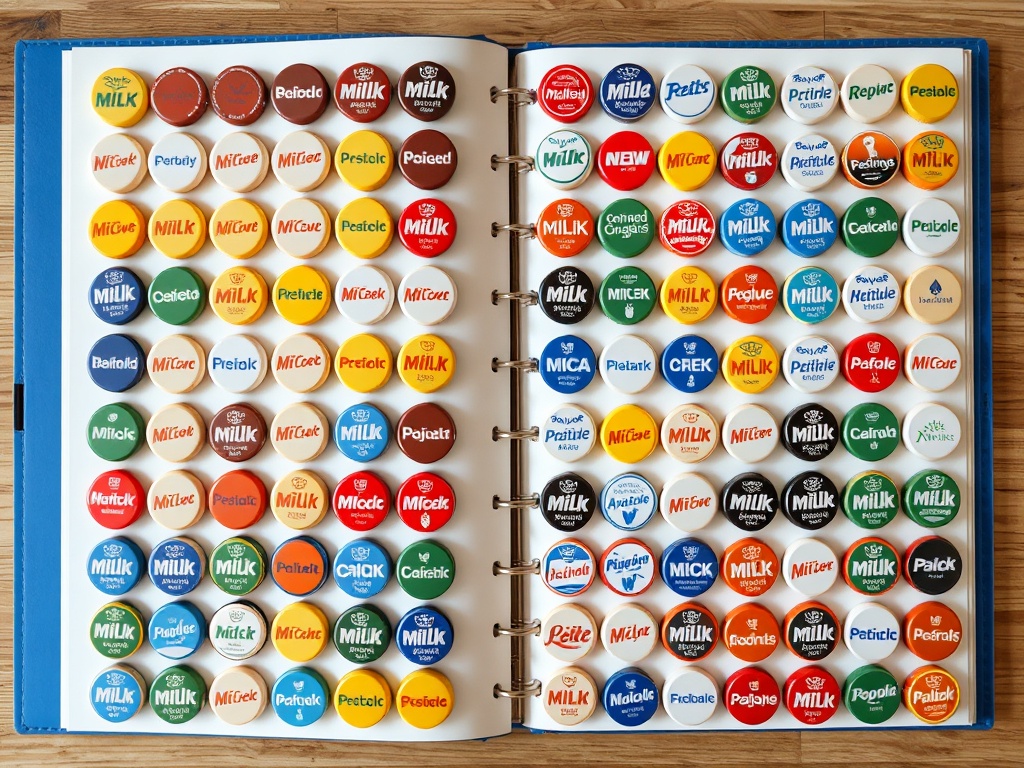 organized display of milk caps arranged by region and color in a collector album, clean aesthetic