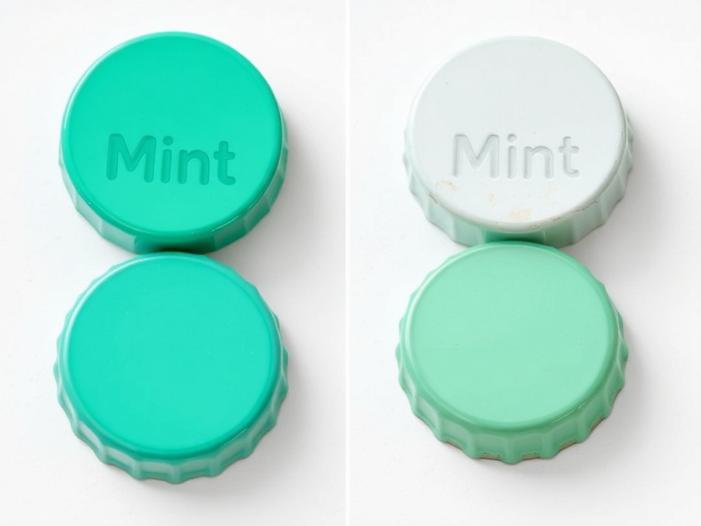 side by side comparison of mint vs worn milk caps, highlighting edges and print quality, clean background