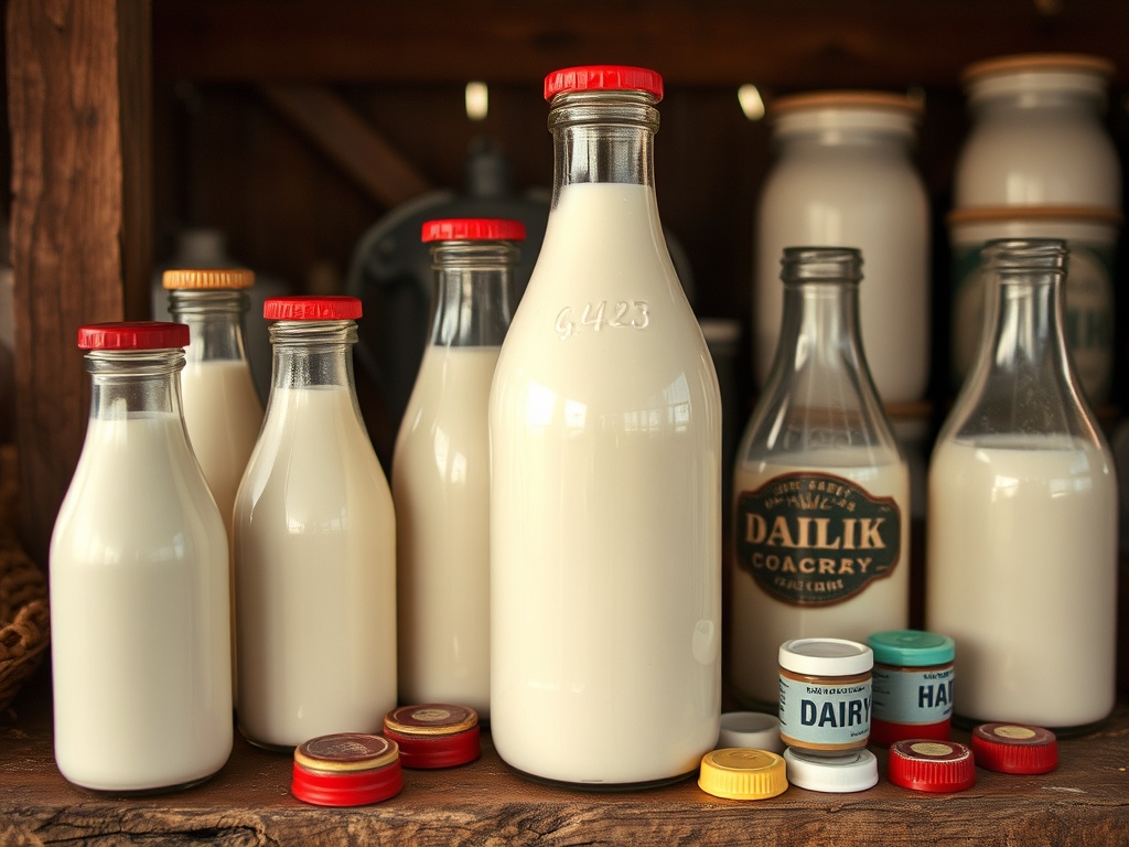 vintage dairy scene with milk bottles and caps, nostalgic rural setting, soft light