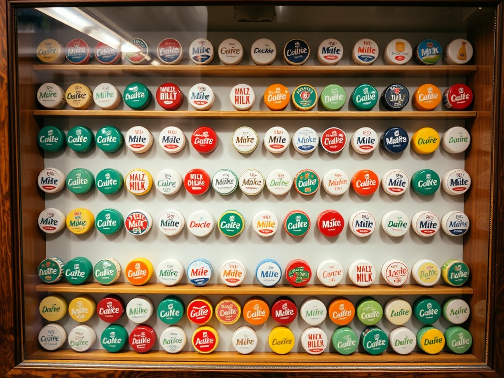 a neatly arranged milk cap display case showcasing a collection