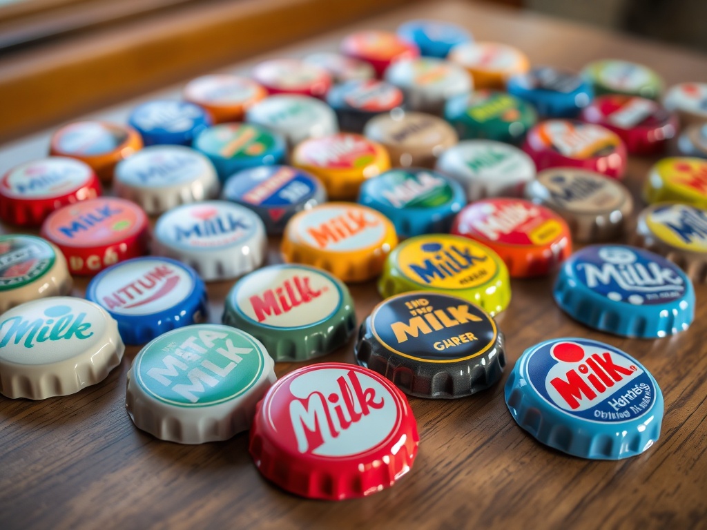 A collection of colorful milk caps displayed neatly on a wooden table, some with vintage logos and others with modern designs, glowing under soft natural light.