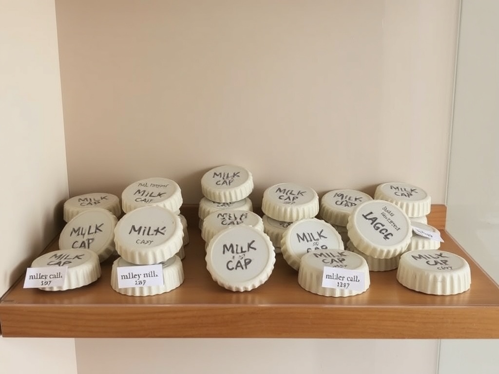 A collection of milk caps displayed in a well-organized display case with each cap clearly labeled, sitting on a wooden shelf against a neutral background.