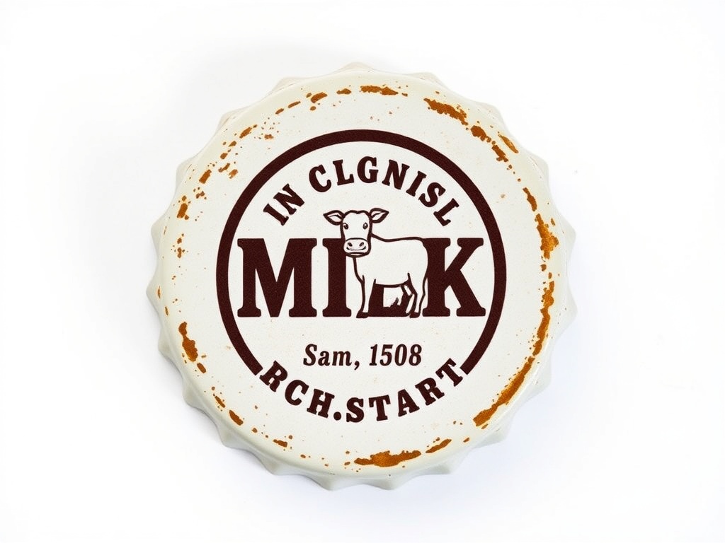 A vintage milk cap with a dairy farm logo, showcasing the classic design with a rustic touch.