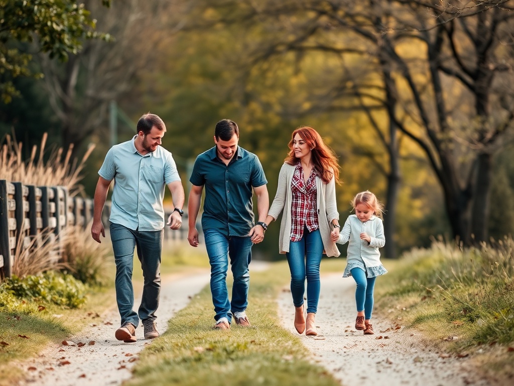 A family enjoying a peaceful walk outside, parents and children holding hands in nature