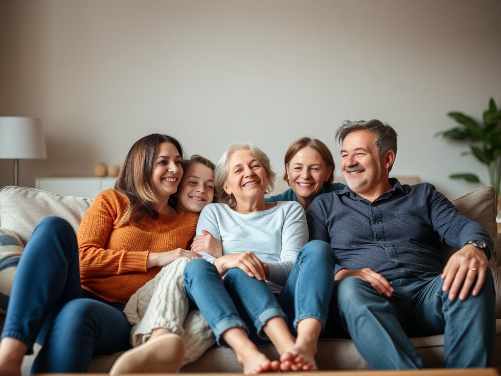 A happy family sitting together on a couch, enjoying each other's company with a sense of calm