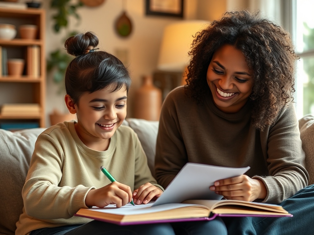A parent helping their child with schoolwork, both smiling and calm in a cozy, well-lit room