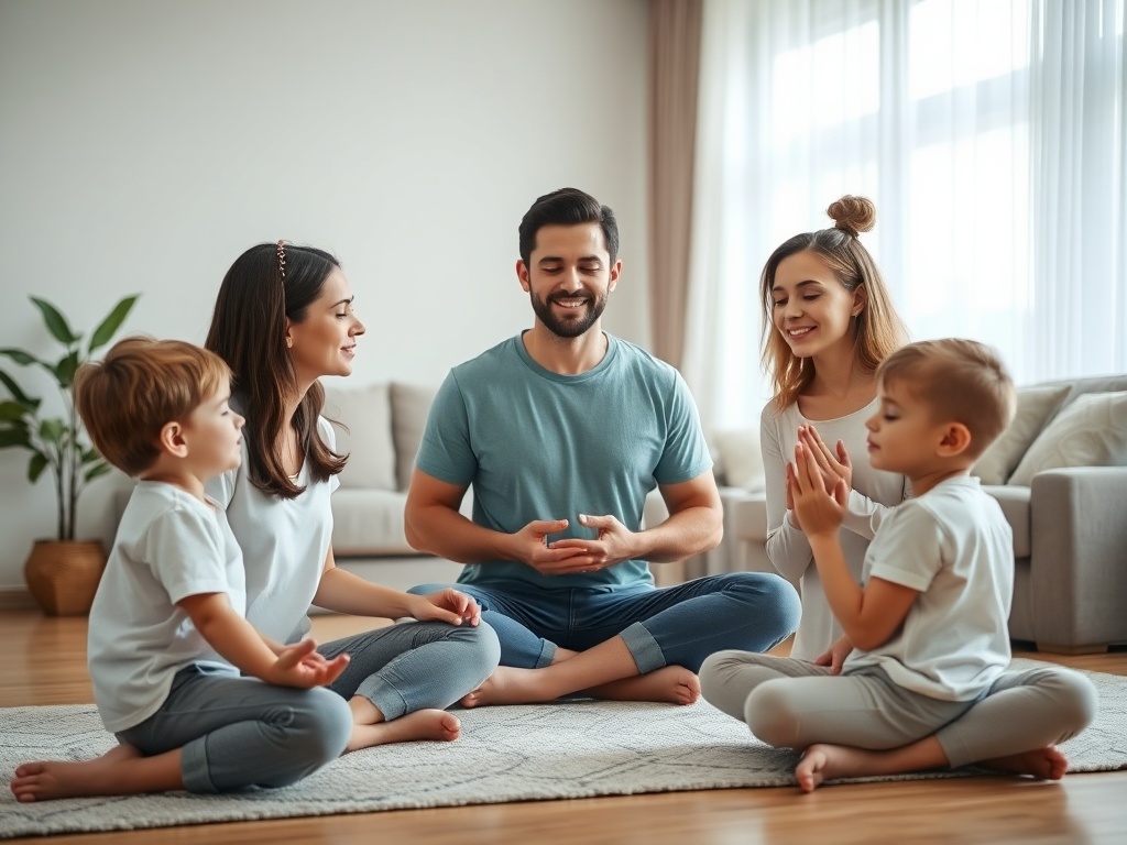 A peaceful family moment: parents and children meditating together in a serene living room