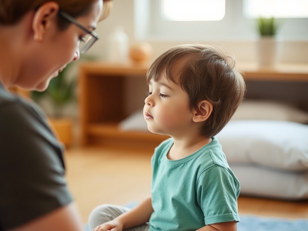 A child practicing deep breathing exercises with the help of their parent in a calm environment.