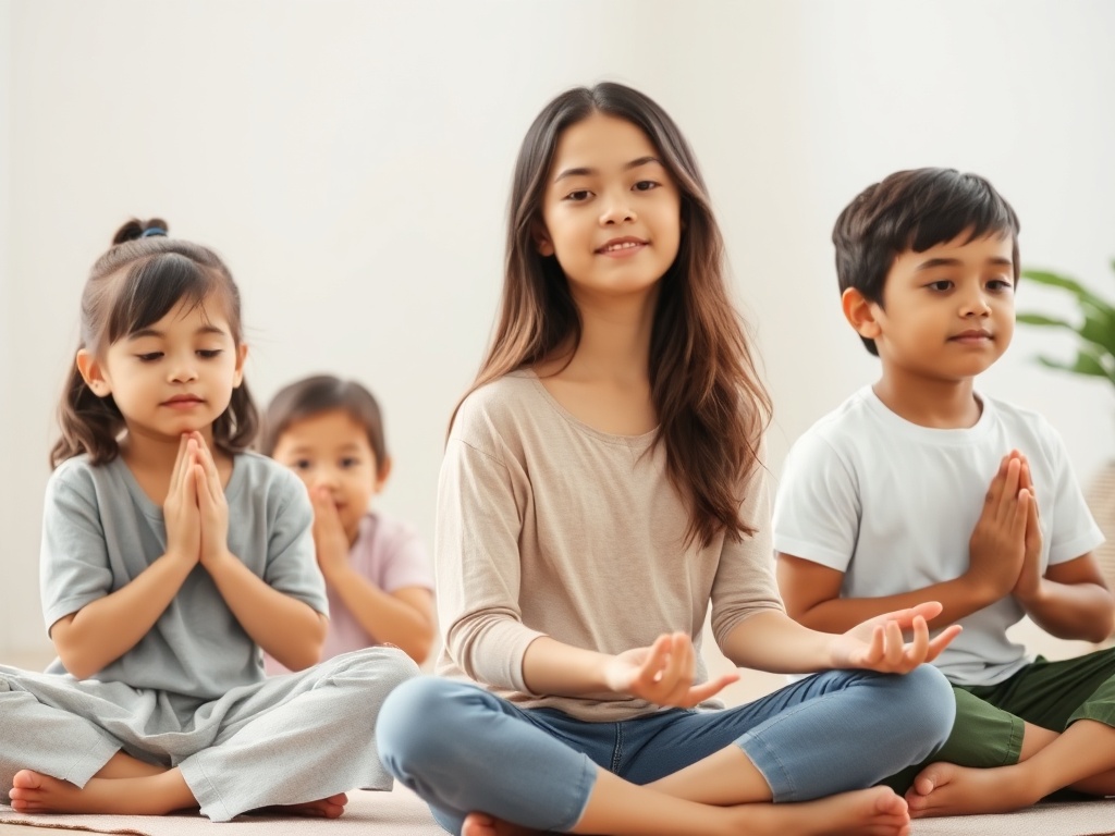 A serene family sitting together, engaging in mindfulness exercises. The children are calm, with peaceful expressions.