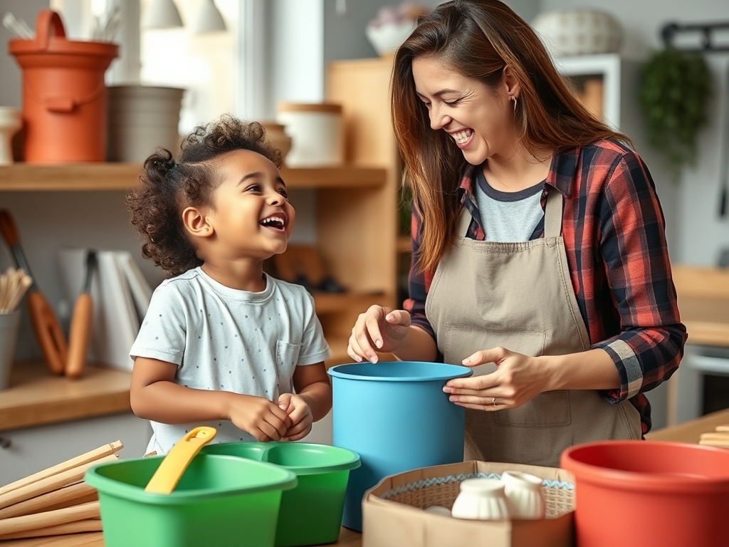 a parent and child laughing together while organizing chores