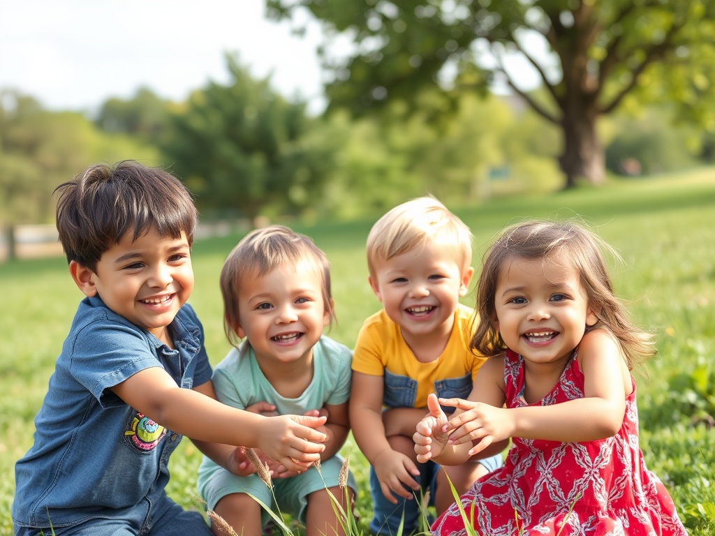 children playing outdoors together with happy smiles