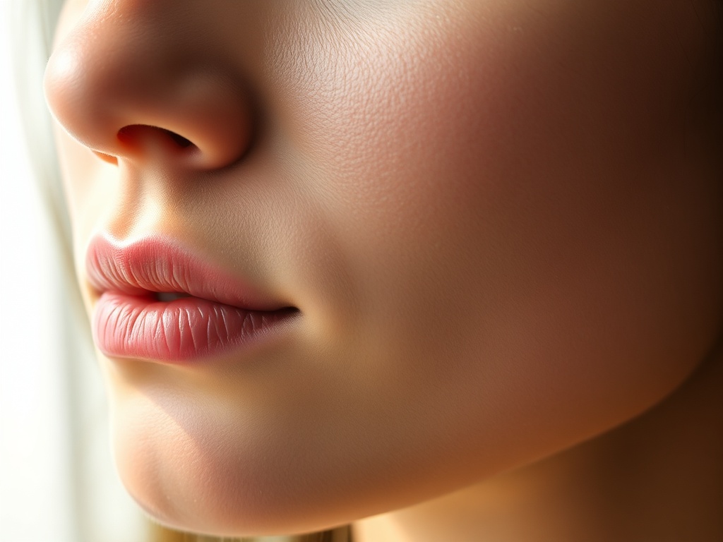 close-up of a person breathing slowly with calm expression, soft natural light highlighting peaceful focus