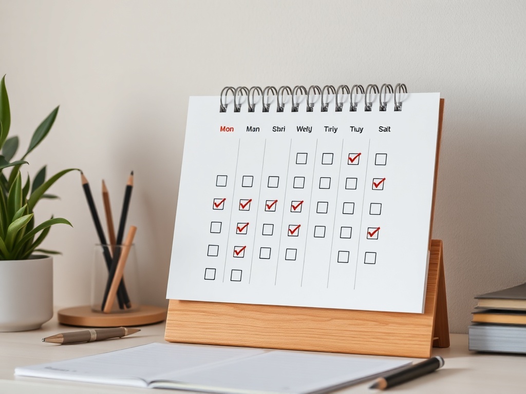 minimalist calendar with checkmarks marking daily habits, warm desk lighting and calm workspace