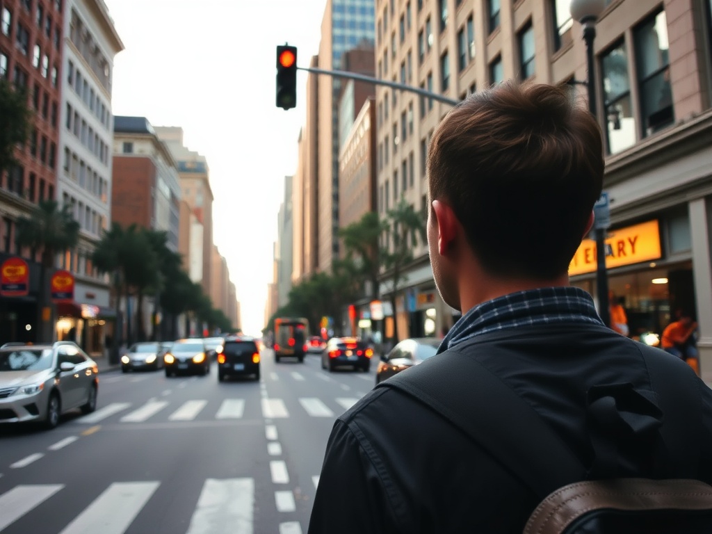 person calmly observing a busy city street from a distance, feeling grounded and present