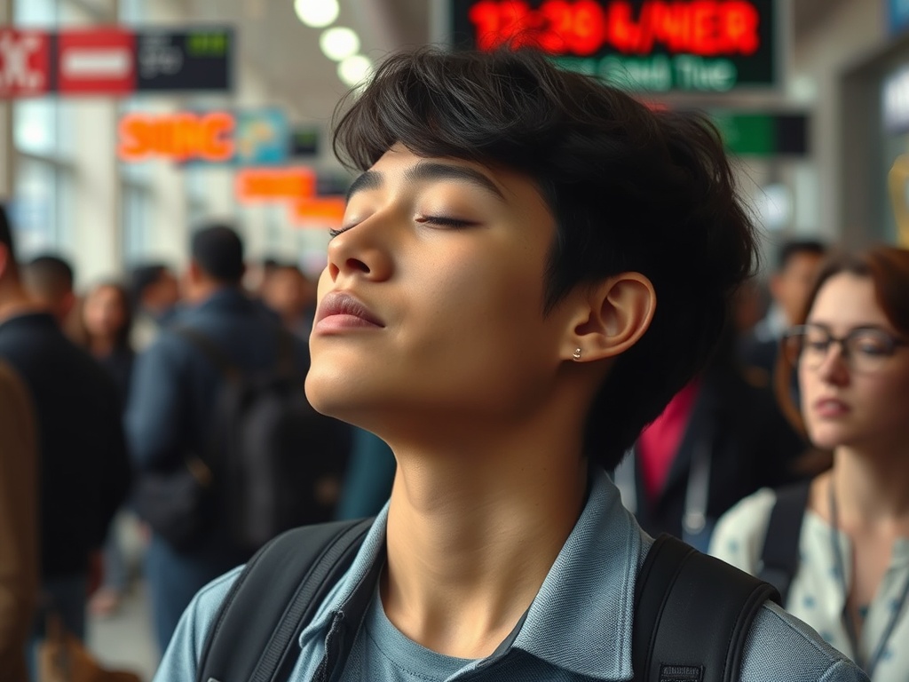 person pausing in a busy environment with eyes closed briefly, finding calm in chaos