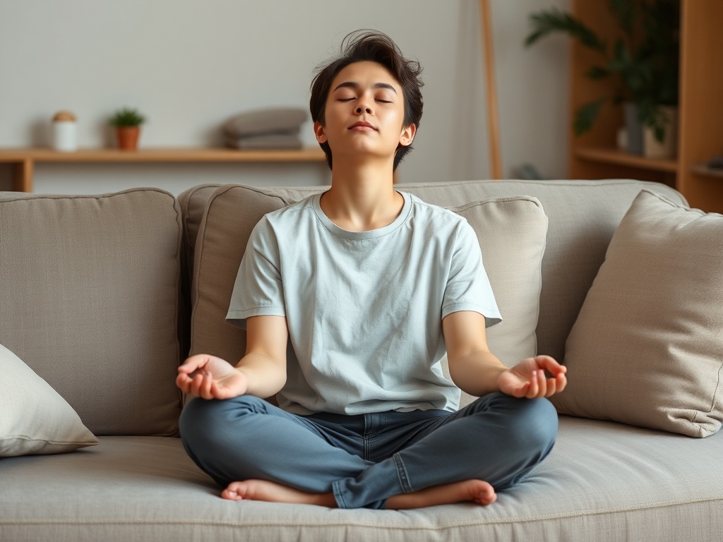 person sitting casually on a couch with eyes closed, relaxed posture, informal meditation at home