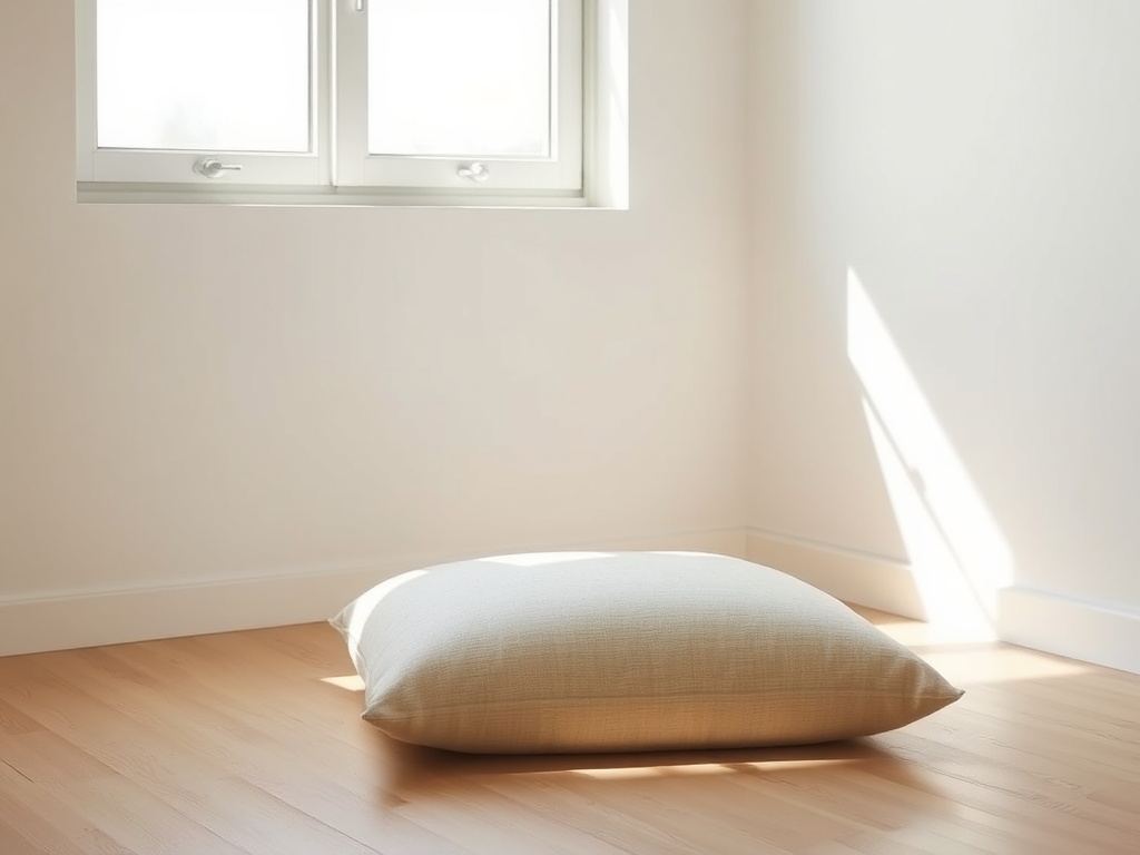 soft morning light through a window illuminating a simple meditation cushion in a calm minimalist room