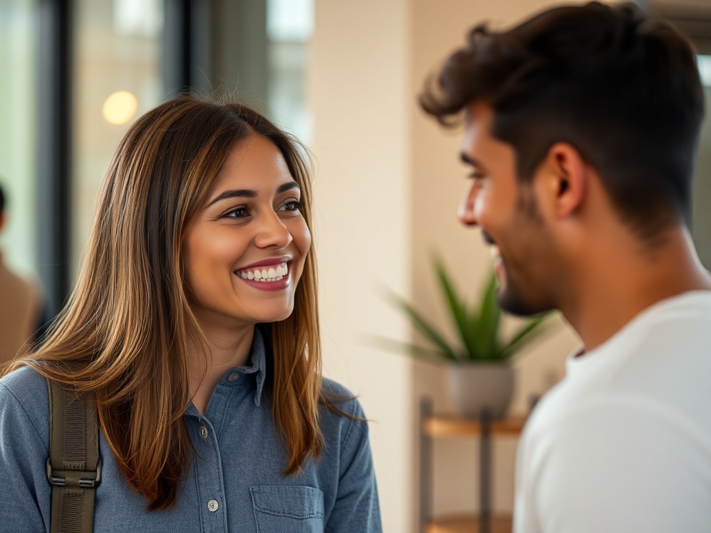 brief friendly interaction, small smile between people, warm environment