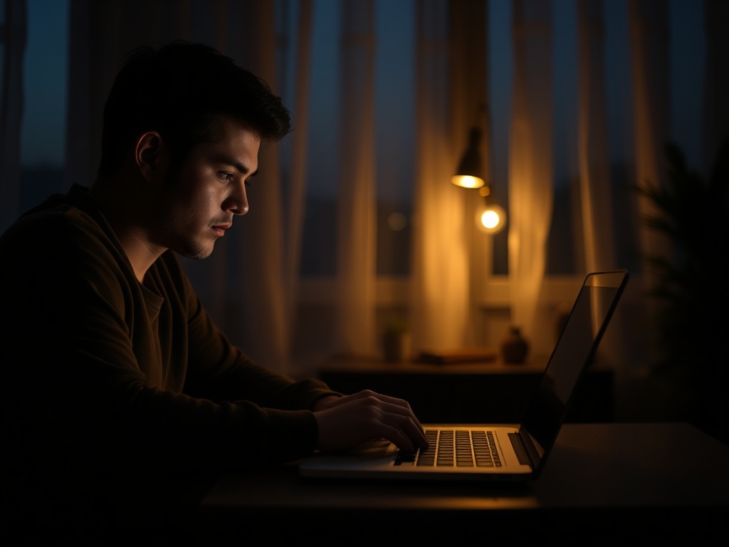 person closing laptop, dim lighting, calm evening routine