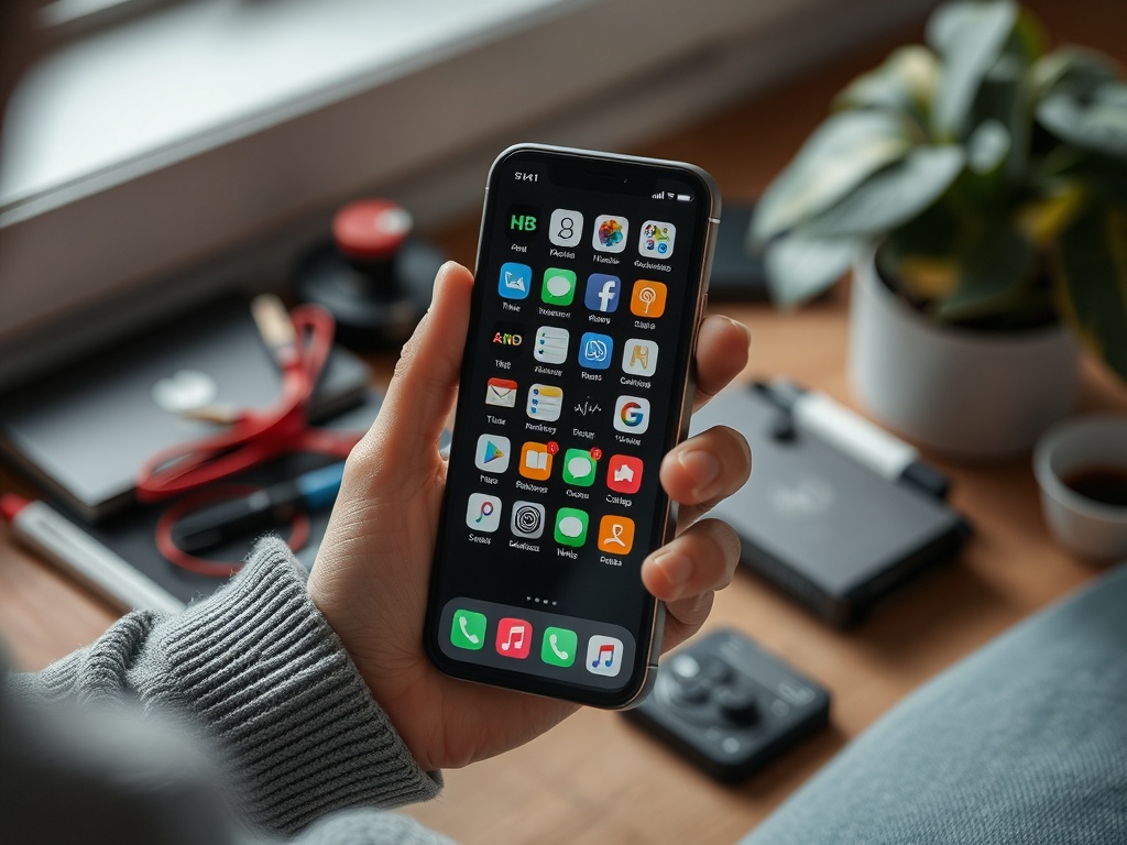 person curating phone apps, removing clutter, focused environment