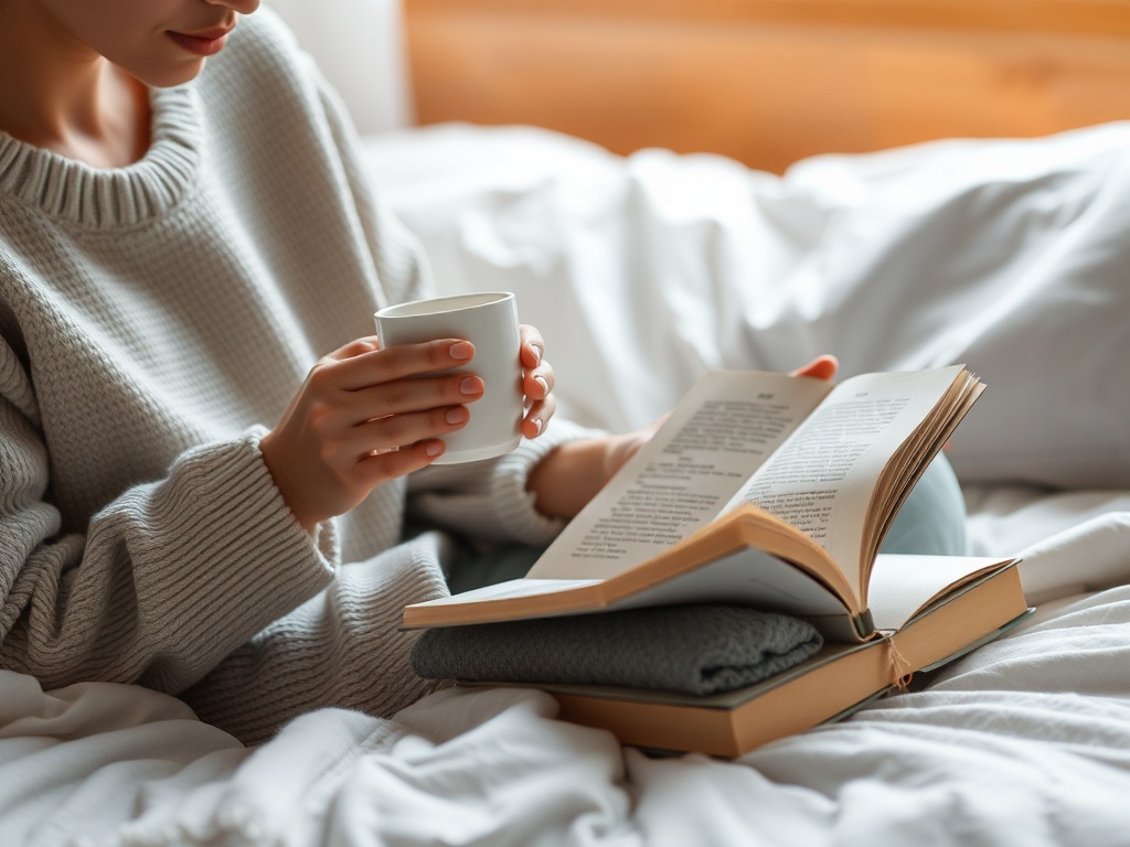 person doing calming routine like tea, reading, soft lighting
