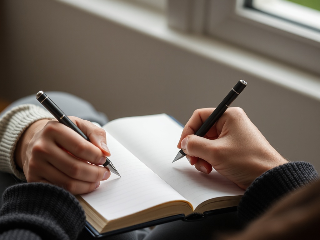 person journaling, writing thoughts clearly, focused expression