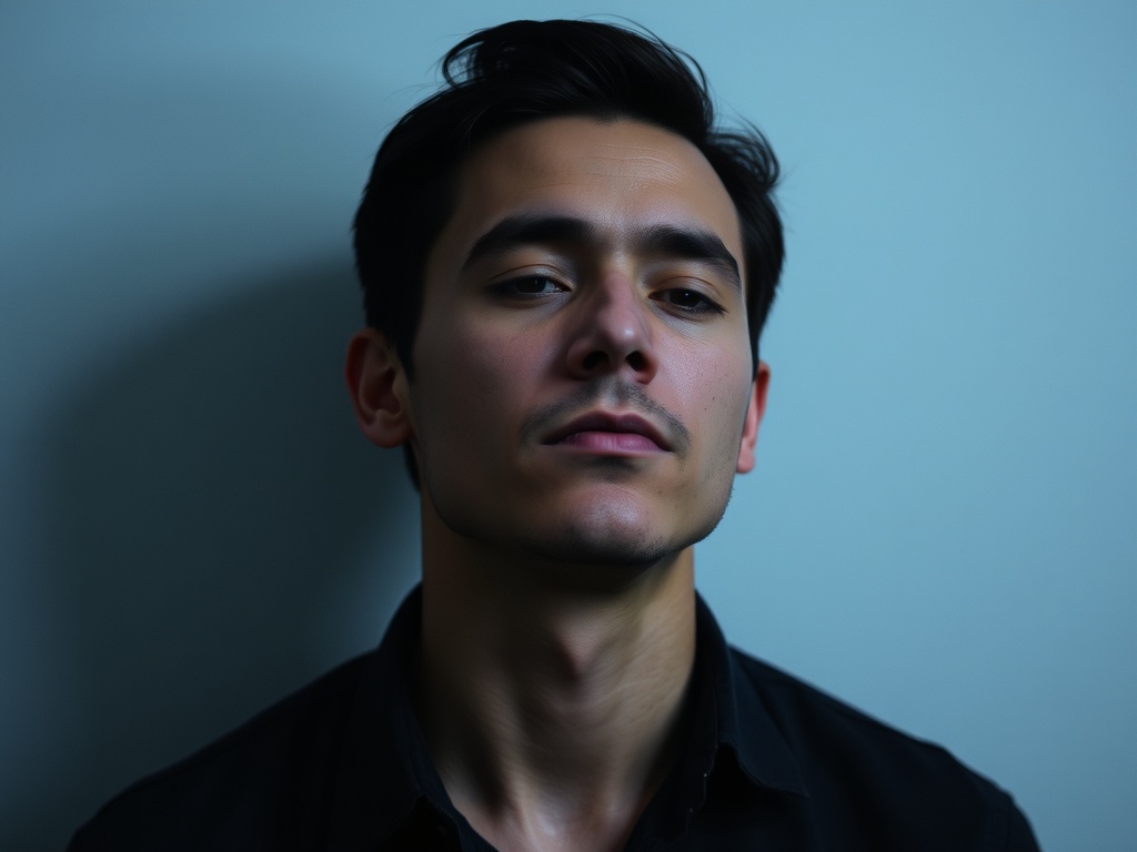 person pausing, taking a deep breath, calm focused expression, minimal distractions