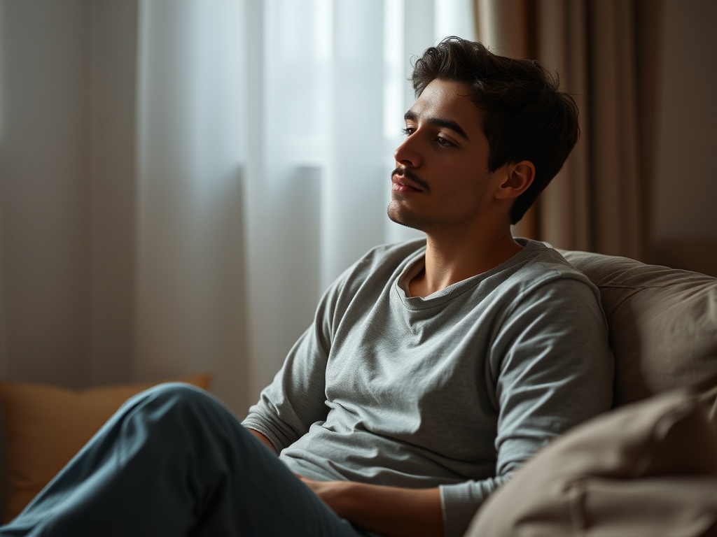 person sitting calmly with emotions, relaxed posture, soft lighting