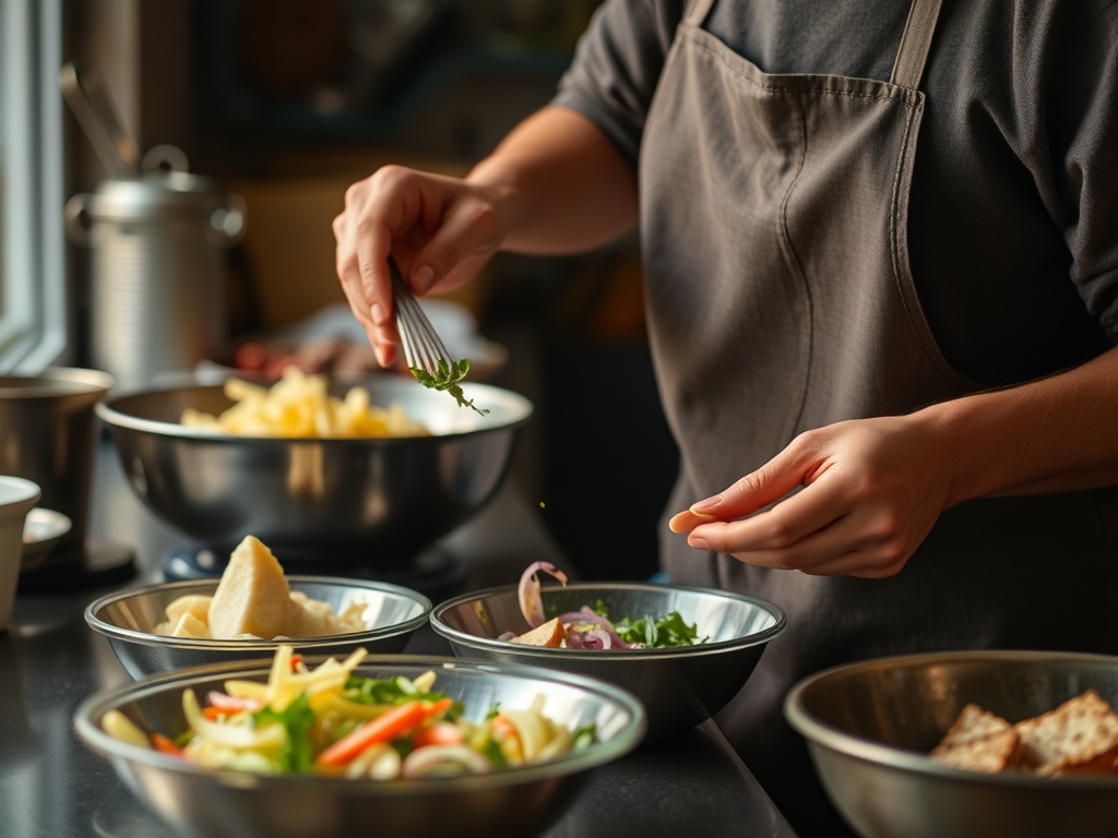 person slowly preparing food, mindful movement, calm atmosphere
