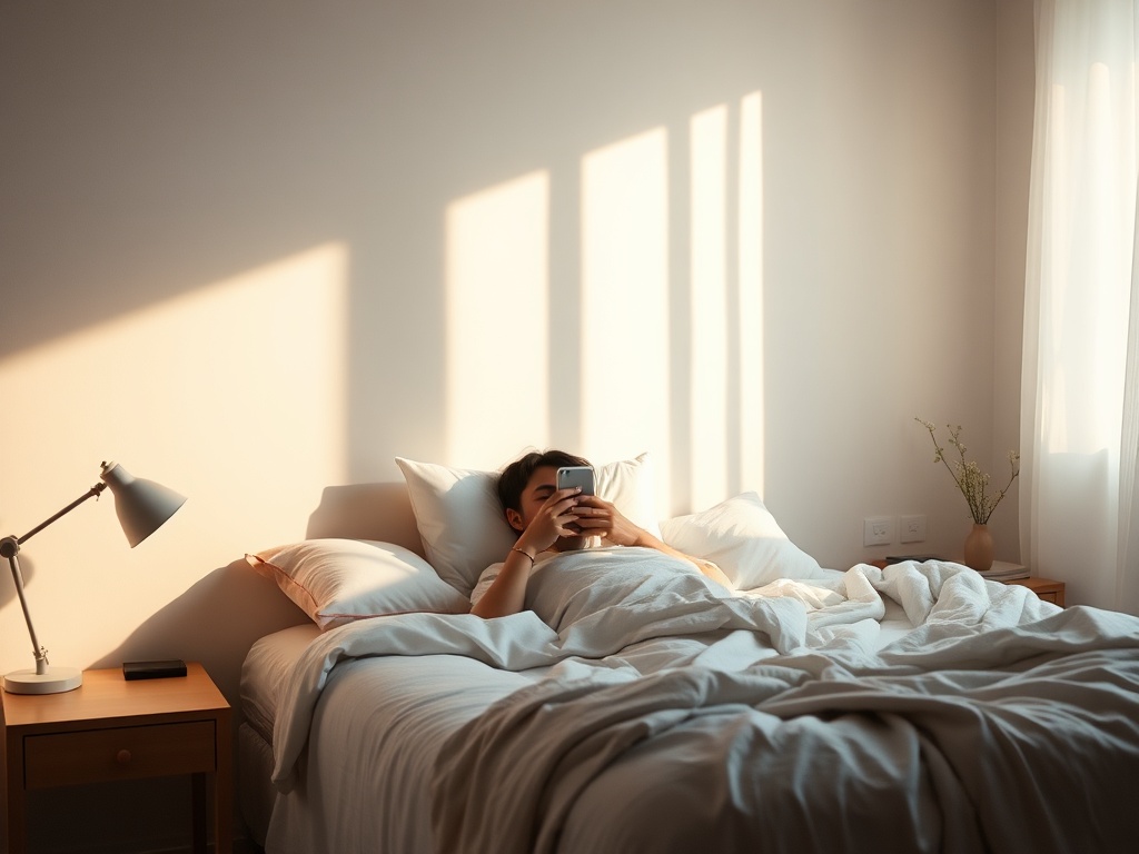 person waking up peacefully without phone, soft morning light, calm minimal bedroom
