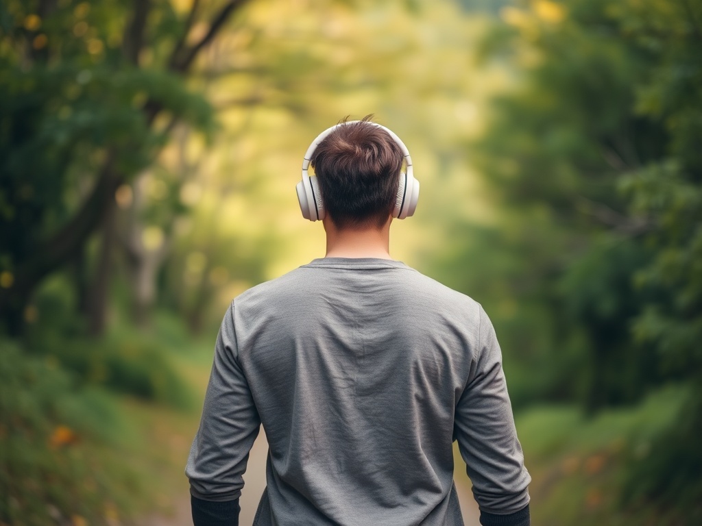 person walking outside in nature without headphones, peaceful surroundings