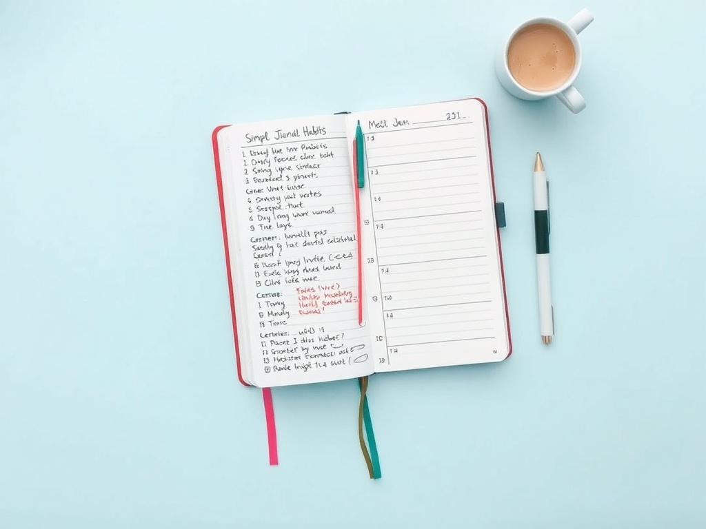 simple journal tracking habits, clean layout, organized notes