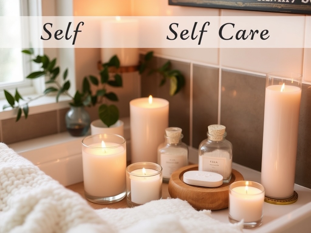 A calm, self-care space featuring candles, bath salts, and a warm, inviting atmosphere. This space should feel peaceful and restorative.