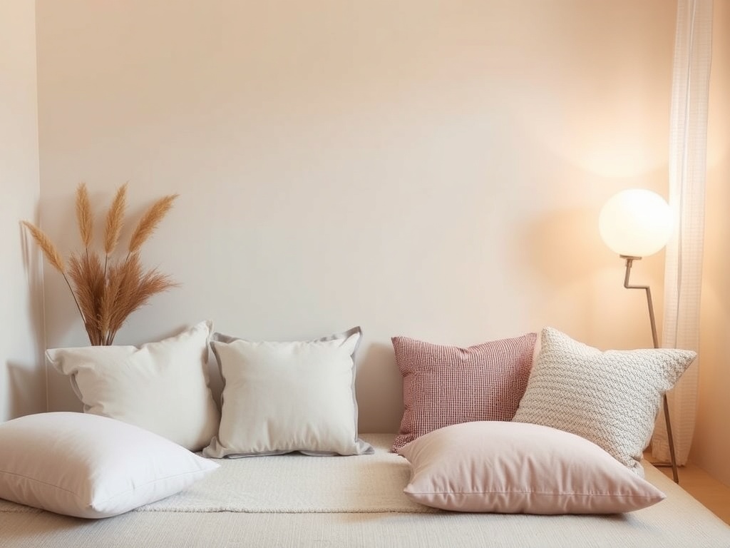 A peaceful, calm space with light, airy colors and soft cushions to evoke relaxation and tranquility. The room should feel serene and welcoming.